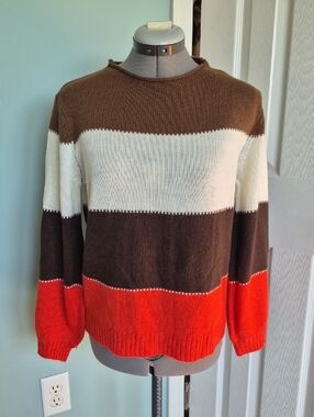 MISSLOOK Womens Colorblock Rolled Crewneck Sweater Brown White Red-Orange SZ med